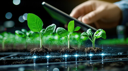 Aufkleber - Farmer uses tablet to monitor nutritional quality of young plants, enhancing growth with technology