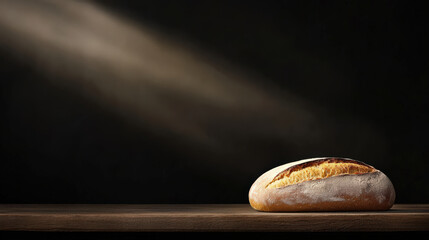 Poster - Freshly baked loaf of bread sits on wooden table, illuminated by soft beam of light against dark background, creating warm and inviting atmosphere