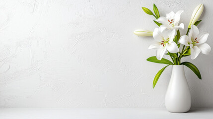 Leinwandbilder - Minimalist flower vase with elegant white lilies against textured white background, creating serene and sophisticated ambiance
