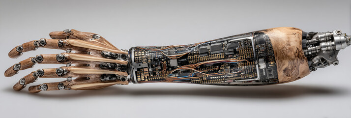 Poster - A detailed view of a robotic arm with exposed circuitry and wooden fingers on a white background