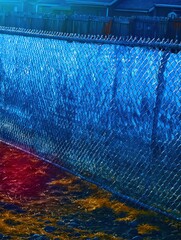 a vibrant chain-link fence at night