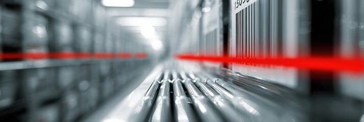 Poster - Blurred View of Failed Barcode Scanner Showing Red Line in Warehouse During Inventory Check