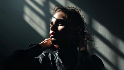 Poster - Female model wearing black dress, creating cinematic portrait with dramatic striped light projecting intricate shadows across face, highlighting artistic elegance and visual storytelling