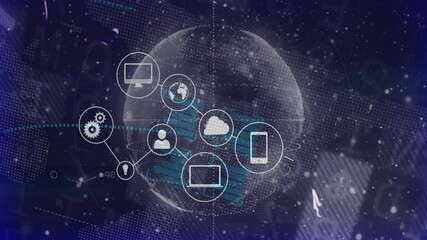 Poster - Rotating digital earth illustrating cloud, gear, user, devices and house icons linking around globe