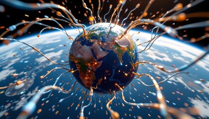 Poster - earth seen from space with fiber optic cables intertwining around it, symbolizing advanced internet munications, subject placed at the bottom