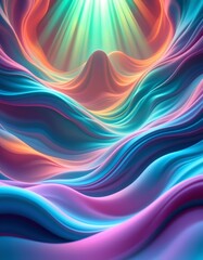 Poster - abstract 3d wavy smooth background in multicolor pastel palette, subject positioned at the top under glaring beams with emerald tones, ample copy space at the bottom.