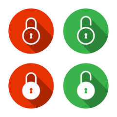 Fototapete - Lock and unlock padlock icon set with long shadow. Security padlock, privacy protection sign symbol