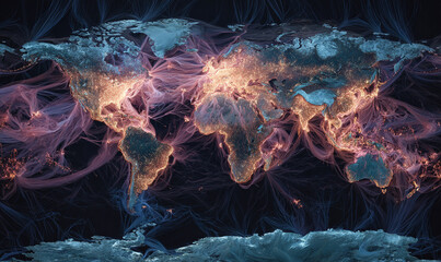 Fototapete - Abstract world map with glowing continents and interconnected network lines in a dark background