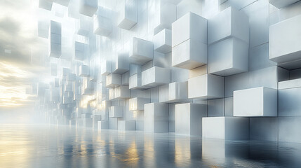 Poster - Cubic modules arranged in floating grid create serene and modern atmosphere