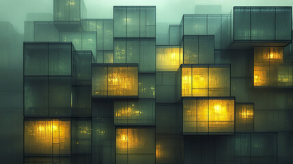 Poster - Cubic glass units stacked asymmetrically create mesmerizing urban scene at dusk