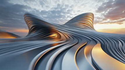 Poster - Curved metal sheets create stunning landscape under twilight skies, evoking wonder