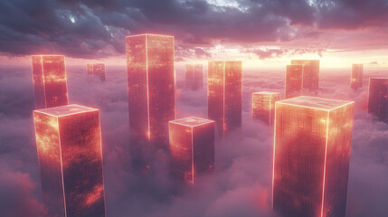 Poster - surreal landscape of glowing cube structures emerging from mist, creating dreamlike atmosphere
