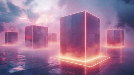 Poster - Mysterious glowing cubes emerge from mist, creating ethereal atmosphere at dusk