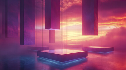 Poster - Floating geometric panels create surreal atmosphere against vibrant sunset backdrop