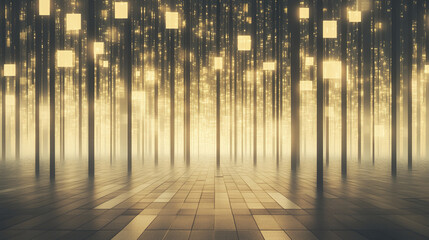 Poster - mesmerizing scene of glowing structures amidst tall, dark pillars, creating dreamlike atmosphere