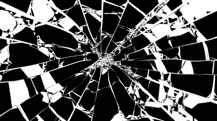 Poster - Abstract black and white image of shattered glass with sharp edges creating a dynamic and chaotic pattern