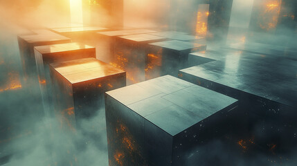Poster - Mysterious floating cubes in foggy landscape create ethereal atmosphere