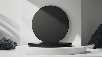 Poster - Minimalist podium with a black circle backdrop and stones creates a modern product display scene