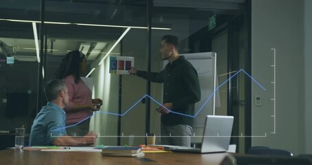 Poster - Upon showing color coded chart business team annotating and reviewing data with climbing line graph