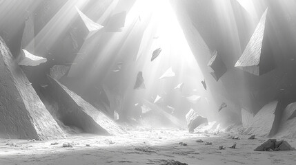 Poster - surreal landscape with fragmented planes floating in bright, ethereal environment