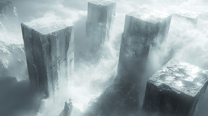 Poster - surreal landscape featuring towering, fragmented structures emerging from misty, cloud like