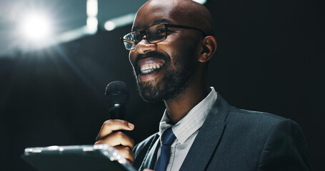 Poster - Microphone, speech and tablet with business black man at symposium for announcement or development. App, event and stage with happy African speaker in auditorium for coaching or training conference