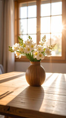 Poster - Soft Flower Arrangement in Natural Light on Table with Shadows