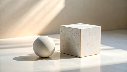Poster - Smooth Sphere and Cube on Pale Stone Surface with Natural Lighting