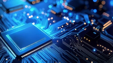 Poster - Intricate glowing blue circuit board with a central chip, showcasing technological connectivity and data flow for future technology themes.