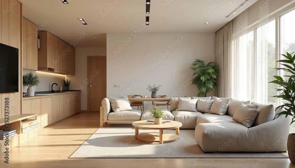 Picture of Modern Scandinavian apartment interior living room dining room. Light ...