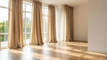 Poster - Bright airy room with sunlight shining on wood floor, large windows and beige curtains, interior design and modern architecture