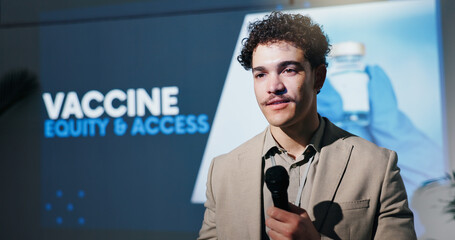 Poster - Business, healthcare and speech with man in auditorium for presentation on access and equity. Seminar, symposium and vaccine with guest speaker on stage for medical development or innovation