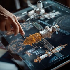 Poster - High-tech visualization technology projects detailed spacecraft designs on a holographic interface.