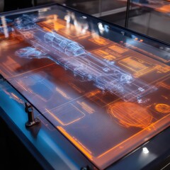Poster - Futuristic space vehicle designs showcased through a high-tech holographic display interface.