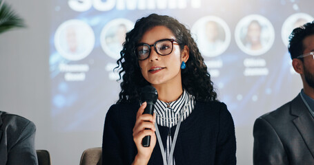 Aufkleber - Summit, speaker and woman with mic, speech and proud for discussion in meeting and training session. Seminar, public speaking and guest with motivation for business people, confident and presentation