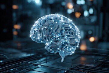 Poster - High-tech digital rendering of an AI brain operating in a futuristic technological setting.