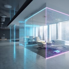 Poster - Futuristic data interfaces integrated into an office design, improving workflow and technological synergy.