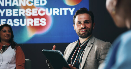 Poster - Tablet, seminar and business people on a stage for forum on enhanced cybersecurity measures. Conference, digital technology and team of compliance managers with presentation for policy encryption.