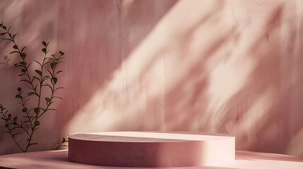 Poster - A minimalist pink podium stands in a studio setting with soft shadows and a plant adding a touch of nature to the scene