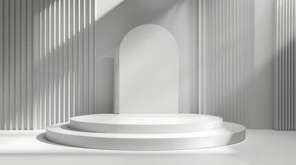 Poster - A minimalist white podium stands in a studio setting with geometric shapes and vertical stripes creating a modern and clean presentation platform