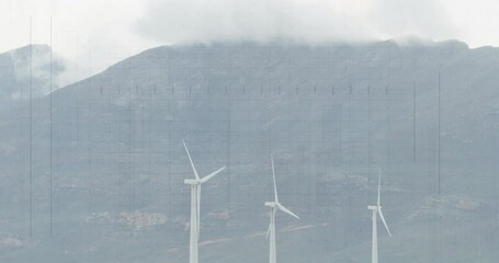 Poster - breeze driving three turbines spinning, clouds drifting, revealing then re-enshrouding summit