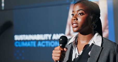 Poster - African woman, mic and presentation for environment on stage, climate change or speech at convention. Person, speaker and discussion for global sustainability, info and accountability at conference