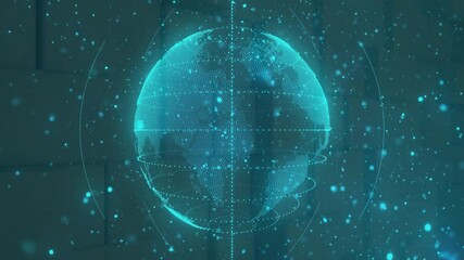Poster - Cyan dots coalescing into globe, filling Earth points then rotating with pulsing rings showing data