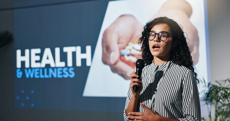 Poster - Convention, presentation and business woman with microphone for health, wellness and forum. Conference, speech and workshop with motivational speaker for coaching, lecture and event in auditorium