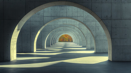 Poster - serene view of interlocking concrete arches casting long shadows, leading to vibrant autumn