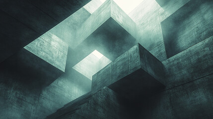 Poster - surreal architectural space with interlocking concrete forms and misty atmosphere