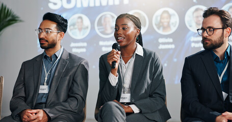 Aufkleber - Summit, speaker and woman with mic, meeting and stage for discussion in training session and speech. Seminar, public speaking and guest with motivation for business people, confident and presentation
