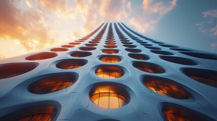 Poster - modern architectural marvel with circular windows reflecting warm light against vibrant sky