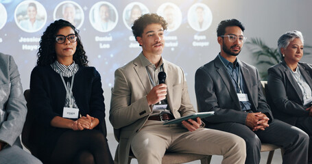 Aufkleber - Conference, tablet and panel of people on a stage for discussion, seminar faq and presentation. Business summit, innovation expo and men with women with tech for tradeshow, event and convention
