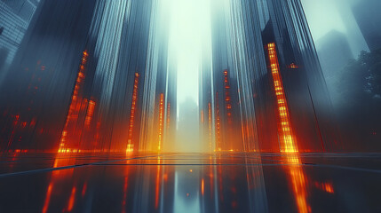 Poster - futuristic cityscape with glowing spires and reflective surface creates mesmerizing atmosphere